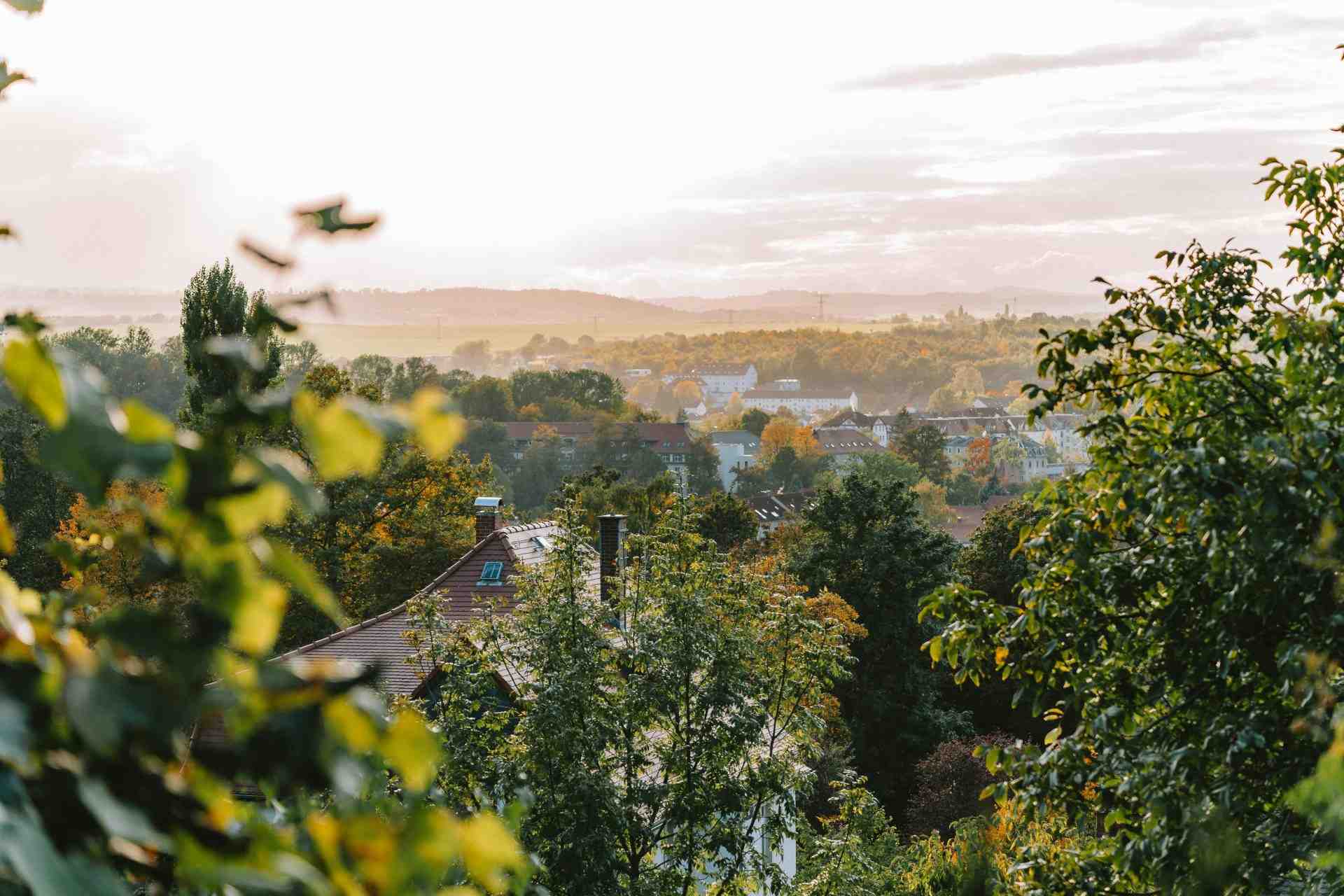 Bezaubernder Blick auf die Skyline von Pirna bei Sonnenuntergang mit üppigem Grün und historischer Architektur.